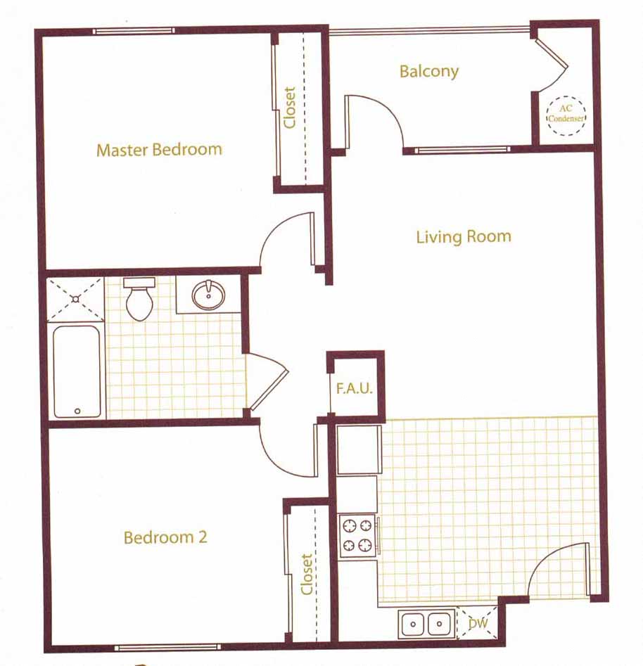 Floor plan for 2 beds, 1 bath, 833 sqft